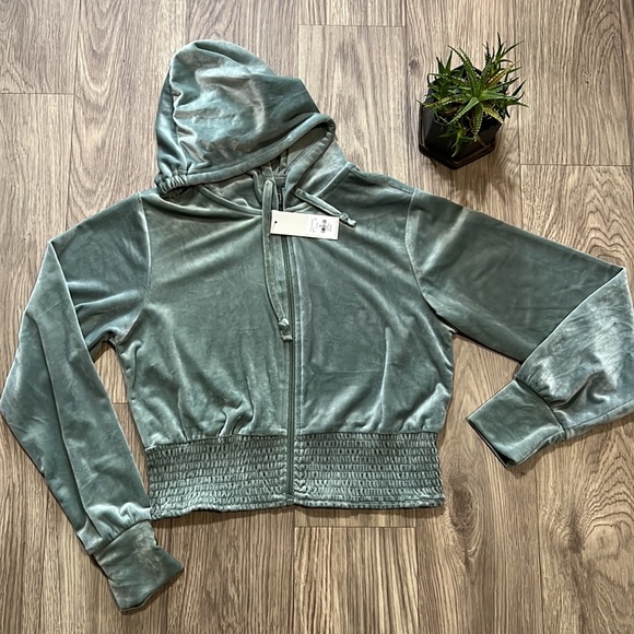 Francesca’s Mya Velour Full Zip Hoodie in Sage Green - Picture 12 of 14